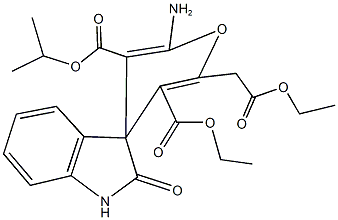 5'-ethyl 3'-isopropyl 2'-amino-6'-(2-ethoxy-2-oxoethyl)-1,3-dihydro-2-oxospiro[2H-indole-3,4'-(4'H)-pyran]-3',5'-dicarboxylate 结构式