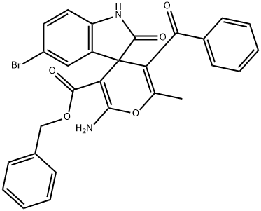 benzyl 2-amino-5'-bromo-5-benzoyl-1',3'-dihydro-6-methyl-2'-oxospiro[4H-pyran-4,3'-2H-indole]-3-carboxylate 结构式