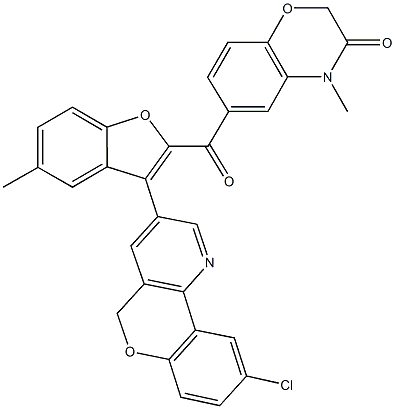 6-{[3-(9-chloro-5H-chromeno[4,3-b]pyridin-3-yl)-5-methyl-1-benzofuran-2-yl]carbonyl}-4-methyl-2H-1,4-benzoxazin-3(4H)-one 结构式