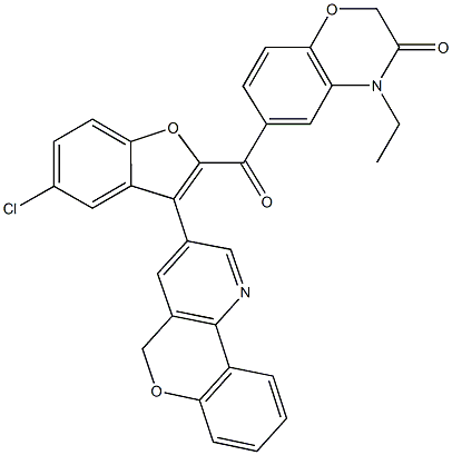 6-{[5-chloro-3-(5H-chromeno[4,3-b]pyridin-3-yl)-1-benzofuran-2-yl]carbonyl}-4-ethyl-2H-1,4-benzoxazin-3(4H)-one 结构式