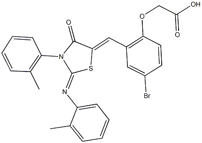 [4-bromo-2-({3-(2-methylphenyl)-2-[(2-methylphenyl)imino]-4-oxo-1,3-thiazolidin-5-ylidene}methyl)phenoxy]acetic acid 结构式