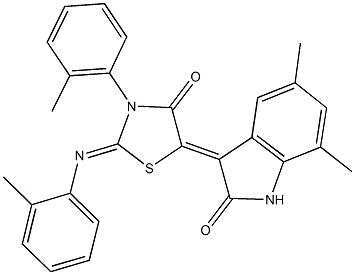 5,7-dimethyl-3-{3-(2-methylphenyl)-2-[(2-methylphenyl)imino]-4-oxo-1,3-thiazolidin-5-ylidene}-1,3-dihydro-2H-indol-2-one 结构式