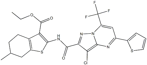 ethyl 2-({[3-chloro-5-(2-thienyl)-7-(trifluoromethyl)pyrazolo[1,5-a]pyrimidin-2-yl]carbonyl}amino)-6-methyl-4,5,6,7-tetrahydro-1-benzothiophene-3-carboxylate 结构式