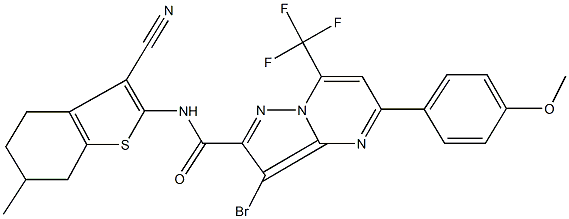 3-bromo-N-(3-cyano-6-methyl-4,5,6,7-tetrahydro-1-benzothien-2-yl)-5-(4-methoxyphenyl)-7-(trifluoromethyl)pyrazolo[1,5-a]pyrimidine-2-carboxamide 结构式