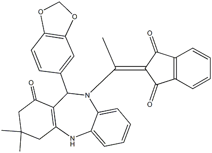 2-{1-[11-(1,3-benzodioxol-5-yl)-3,3-dimethyl-1-oxo-1,2,3,4,5,11-hexahydro-10H-dibenzo[b,e][1,4]diazepin-10-yl]ethylidene}-1H-indene-1,3(2H)-dione 结构式