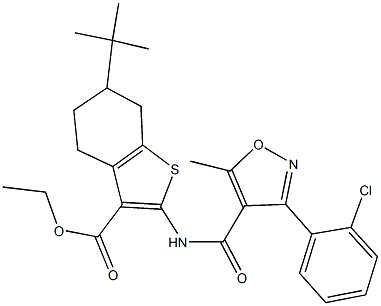 ethyl 6-tert-butyl-2-({[3-(2-chlorophenyl)-5-methyl-4-isoxazolyl]carbonyl}amino)-4,5,6,7-tetrahydro-1-benzothiophene-3-carboxylate 结构式