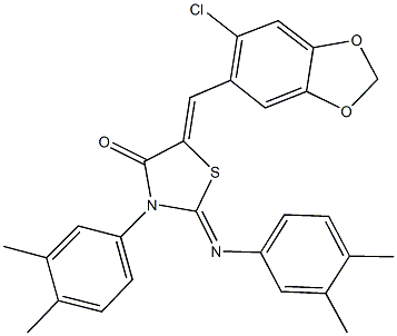 5-[(6-chloro-1,3-benzodioxol-5-yl)methylene]-3-(3,4-dimethylphenyl)-2-[(3,4-dimethylphenyl)imino]-1,3-thiazolidin-4-one 结构式