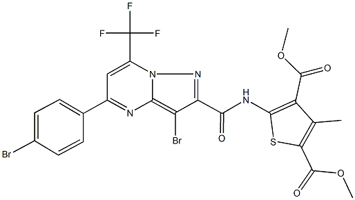 dimethyl 5-({[3-bromo-5-(4-bromophenyl)-7-(trifluoromethyl)pyrazolo[1,5-a]pyrimidin-2-yl]carbonyl}amino)-3-methyl-2,4-thiophenedicarboxylate 结构式