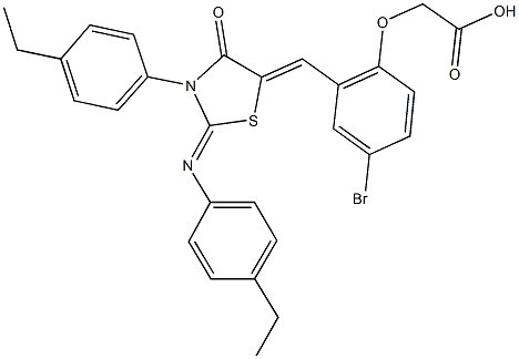 [4-bromo-2-({3-(4-ethylphenyl)-2-[(4-ethylphenyl)imino]-4-oxo-1,3-thiazolidin-5-ylidene}methyl)phenoxy]acetic acid 结构式