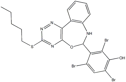 2,4,6-tribromo-3-[3-(pentylsulfanyl)-6,7-dihydro[1,2,4]triazino[5,6-d][3,1]benzoxazepin-6-yl]phenol 结构式