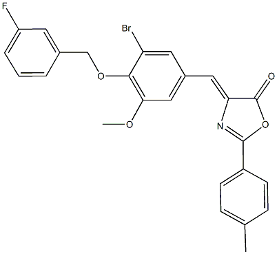 4-{3-bromo-4-[(3-fluorobenzyl)oxy]-5-methoxybenzylidene}-2-(4-methylphenyl)-1,3-oxazol-5(4H)-one 结构式