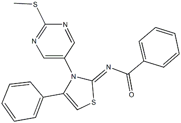 N-(3-[2-(methylsulfanyl)-5-pyrimidinyl]-4-phenyl-1,3-thiazol-2(3H)-ylidene)benzamide 结构式