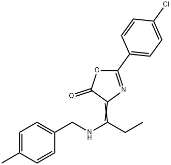2-(4-chlorophenyl)-4-{1-[(4-methylbenzyl)amino]propylidene}-1,3-oxazol-5(4H)-one 结构式