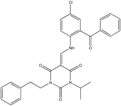 5-[(2-benzoyl-4-chloroanilino)methylene]-1-isopropyl-3-(2-phenylethyl)-2,4,6(1H,3H,5H)-pyrimidinetrione 结构式