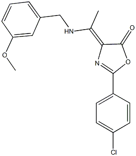 2-(4-chlorophenyl)-4-{1-[(3-methoxybenzyl)amino]ethylidene}-1,3-oxazol-5(4H)-one 结构式