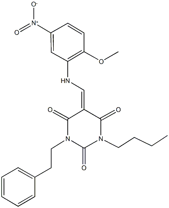 1-butyl-5-({5-nitro-2-methoxyanilino}methylene)-3-(2-phenylethyl)-2,4,6(1H,3H,5H)-pyrimidinetrione 结构式