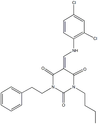 1-butyl-5-[(2,4-dichloroanilino)methylene]-3-(2-phenylethyl)-2,4,6(1H,3H,5H)-pyrimidinetrione 结构式