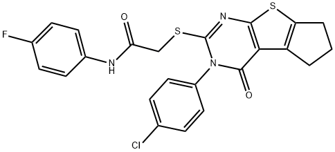 2-{[3-(4-chlorophenyl)-4-oxo-3,5,6,7-tetrahydro-4H-cyclopenta[4,5]thieno[2,3-d]pyrimidin-2-yl]sulfanyl}-N-(4-fluorophenyl)acetamide 结构式