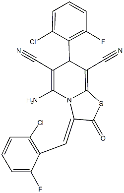 5-amino-3-(2-chloro-6-fluorobenzylidene)-7-(2-chloro-6-fluorophenyl)-2-oxo-2,3-dihydro-7H-[1,3]thiazolo[3,2-a]pyridine-6,8-dicarbonitrile 结构式