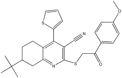 7-tert-butyl-2-{[2-(4-methoxyphenyl)-2-oxoethyl]sulfanyl}-4-(2-thienyl)-5,6,7,8-tetrahydro-3-quinolinecarbonitrile 结构式