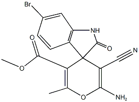 6-amino-6'-bromo-5-cyano-1',3'-dihydro-3-methoxycarbonyl-2-methyl-2'-oxospiro[4H-pyran-4,3'-(2'H)-indole] 结构式