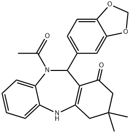 10-acetyl-11-(1,3-benzodioxol-5-yl)-3,3-dimethyl-2,3,4,5,10,11-hexahydro-1H-dibenzo[b,e][1,4]diazepin-1-one 结构式