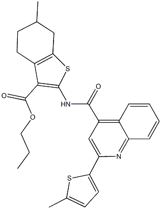 propyl 6-methyl-2-({[2-(5-methyl-2-thienyl)-4-quinolinyl]carbonyl}amino)-4,5,6,7-tetrahydro-1-benzothiophene-3-carboxylate 结构式