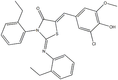 5-(3-chloro-4-hydroxy-5-methoxybenzylidene)-3-(2-ethylphenyl)-2-[(2-ethylphenyl)imino]-1,3-thiazolidin-4-one 结构式