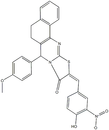 10-{4-hydroxy-3-nitrobenzylidene}-7-(4-methoxyphenyl)-5,7-dihydro-6H-benzo[h][1,3]thiazolo[2,3-b]quinazolin-9(10H)-one 结构式