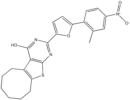 2-(5-{4-nitro-2-methylphenyl}-2-furyl)-5,6,7,8,9,10-hexahydrocycloocta[4,5]thieno[2,3-d]pyrimidin-4-ol 结构式