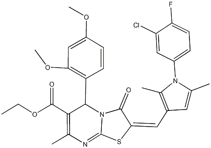 ethyl 2-{[1-(3-chloro-4-fluorophenyl)-2,5-dimethyl-1H-pyrrol-3-yl]methylene}-5-(2,4-dimethoxyphenyl)-7-methyl-3-oxo-2,3-dihydro-5H-[1,3]thiazolo[3,2-a]pyrimidine-6-carboxylate 结构式