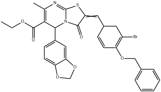 ethyl 5-(1,3-benzodioxol-5-yl)-2-{[4-(benzyloxy)-5-bromo-2,4-cyclohexadien-1-yl]methylene}-7-methyl-3-oxo-2,3-dihydro-5H-[1,3]thiazolo[3,2-a]pyrimidine-6-carboxylate 结构式