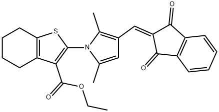 ethyl 2-{3-[(1,3-dioxo-1,3-dihydro-2H-inden-2-ylidene)methyl]-2,5-dimethyl-1H-pyrrol-1-yl}-4,5,6,7-tetrahydro-1-benzothiophene-3-carboxylate 结构式