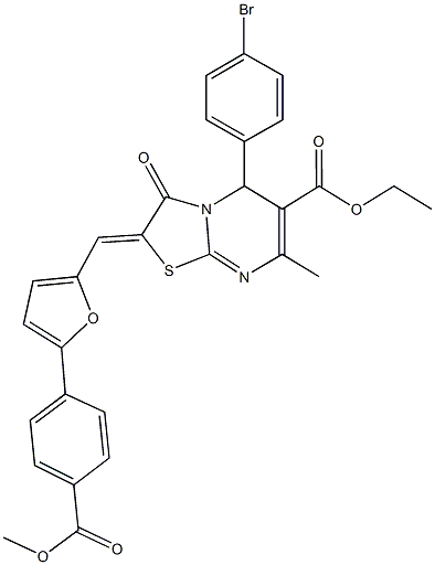 ethyl 5-(4-bromophenyl)-2-({5-[4-(methoxycarbonyl)phenyl]-2-furyl}methylene)-7-methyl-3-oxo-2,3-dihydro-5H-[1,3]thiazolo[3,2-a]pyrimidine-6-carboxylate 结构式