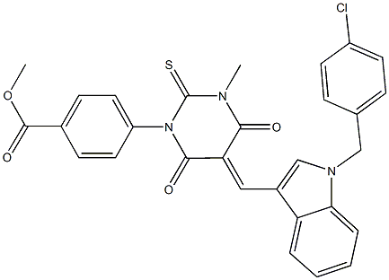 methyl 4-(5-{[1-(4-chlorobenzyl)-1H-indol-3-yl]methylene}-3-methyl-4,6-dioxo-2-thioxotetrahydro-1(2H)-pyrimidinyl)benzoate 结构式