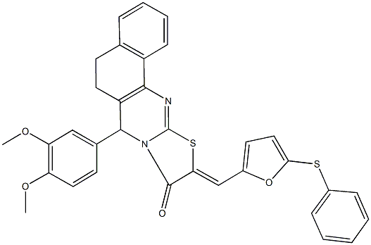 7-(3,4-dimethoxyphenyl)-10-{[5-(phenylsulfanyl)-2-furyl]methylene}-5,7-dihydro-6H-benzo[h][1,3]thiazolo[2,3-b]quinazolin-9(10H)-one 结构式