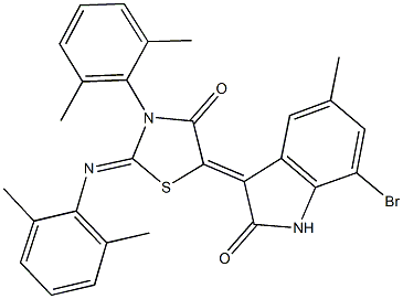7-bromo-3-{3-(2,6-dimethylphenyl)-2-[(2,6-dimethylphenyl)imino]-4-oxo-1,3-thiazolidin-5-ylidene}-5-methyl-1,3-dihydro-2H-indol-2-one 结构式