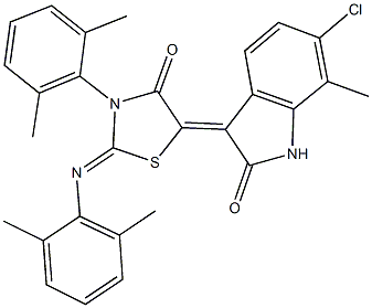 6-chloro-3-{3-(2,6-dimethylphenyl)-2-[(2,6-dimethylphenyl)imino]-4-oxo-1,3-thiazolidin-5-ylidene}-7-methyl-1,3-dihydro-2H-indol-2-one 结构式