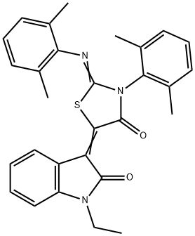 3-{3-(2,6-dimethylphenyl)-2-[(2,6-dimethylphenyl)imino]-4-oxo-1,3-thiazolidin-5-ylidene}-1-ethyl-1,3-dihydro-2H-indol-2-one 结构式