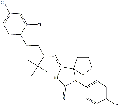 4-{[1-tert-butyl-3-(2,4-dichlorophenyl)-2-propenyl]imino}-1-(4-chlorophenyl)-1,3-diazaspiro[4.4]nonane-2-thione 结构式