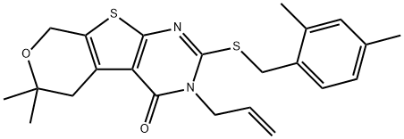 3-allyl-2-[(2,4-dimethylbenzyl)sulfanyl]-6,6-dimethyl-3,5,6,8-tetrahydro-4H-pyrano[4',3':4,5]thieno[2,3-d]pyrimidin-4-one 结构式