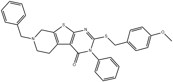 7-benzyl-2-[(4-methoxybenzyl)sulfanyl]-3-phenyl-5,6,7,8-tetrahydropyrido[4',3':4,5]thieno[2,3-d]pyrimidin-4(3H)-one 结构式