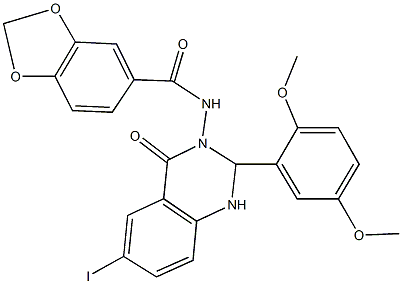 N-(2-(2,5-dimethoxyphenyl)-6-iodo-4-oxo-1,4-dihydro-3(2H)-quinazolinyl)-1,3-benzodioxole-5-carboxamide 结构式