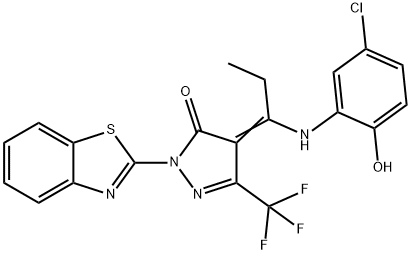 2-(1,3-benzothiazol-2-yl)-4-[1-(5-chloro-2-hydroxyanilino)propylidene]-5-(trifluoromethyl)-2,4-dihydro-3H-pyrazol-3-one 结构式