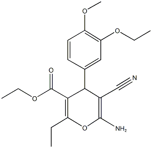 ethyl 6-amino-5-cyano-4-(3-ethoxy-4-methoxyphenyl)-2-ethyl-4H-pyran-3-carboxylate 结构式