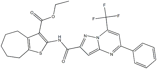 ethyl 2-({[5-phenyl-7-(trifluoromethyl)pyrazolo[1,5-a]pyrimidin-2-yl]carbonyl}amino)-5,6,7,8-tetrahydro-4H-cyclohepta[b]thiophene-3-carboxylate 结构式