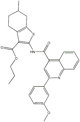 propyl 2-({[2-(3-methoxyphenyl)-4-quinolinyl]carbonyl}amino)-6-methyl-4,5,6,7-tetrahydro-1-benzothiophene-3-carboxylate 结构式