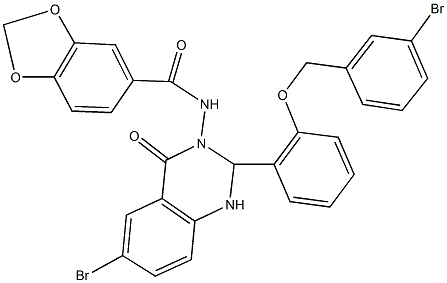 N-(6-bromo-2-{2-[(3-bromobenzyl)oxy]phenyl}-4-oxo-1,4-dihydro-3(2H)-quinazolinyl)-1,3-benzodioxole-5-carboxamide 结构式