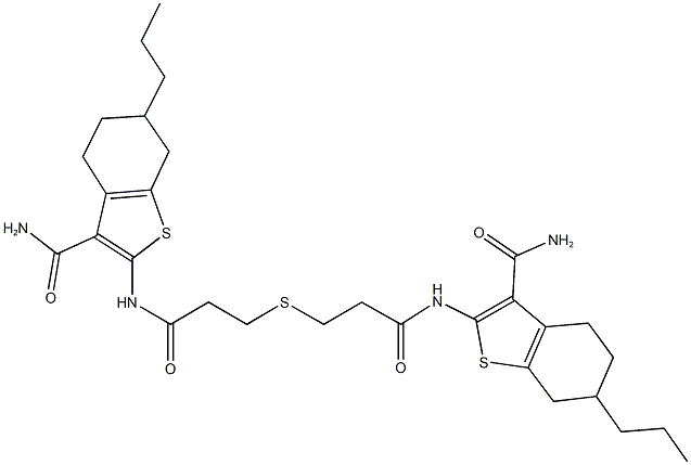 2-({3-[(3-{[3-(aminocarbonyl)-6-propyl-4,5,6,7-tetrahydro-1-benzothien-2-yl]amino}-3-oxopropyl)sulfanyl]propanoyl}amino)-6-propyl-4,5,6,7-tetrahydro-1-benzothiophene-3-carboxamide 结构式