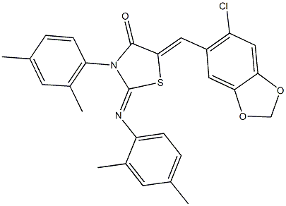 5-[(6-chloro-1,3-benzodioxol-5-yl)methylene]-3-(2,4-dimethylphenyl)-2-[(2,4-dimethylphenyl)imino]-1,3-thiazolidin-4-one 结构式